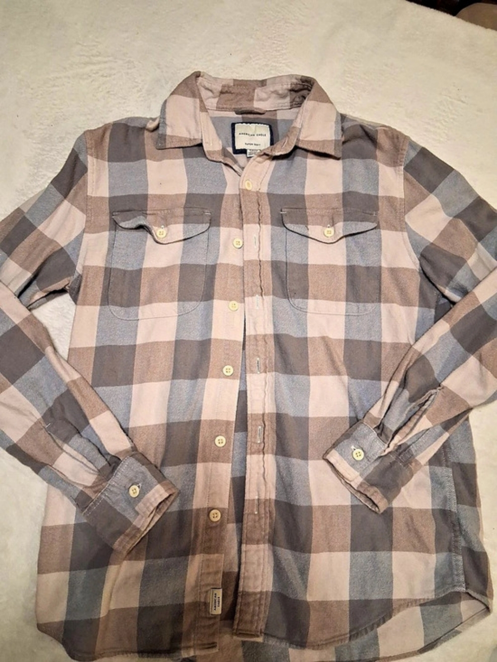 American Eagle Super Soft Flannel Shirt Plaid Brown & Blue
